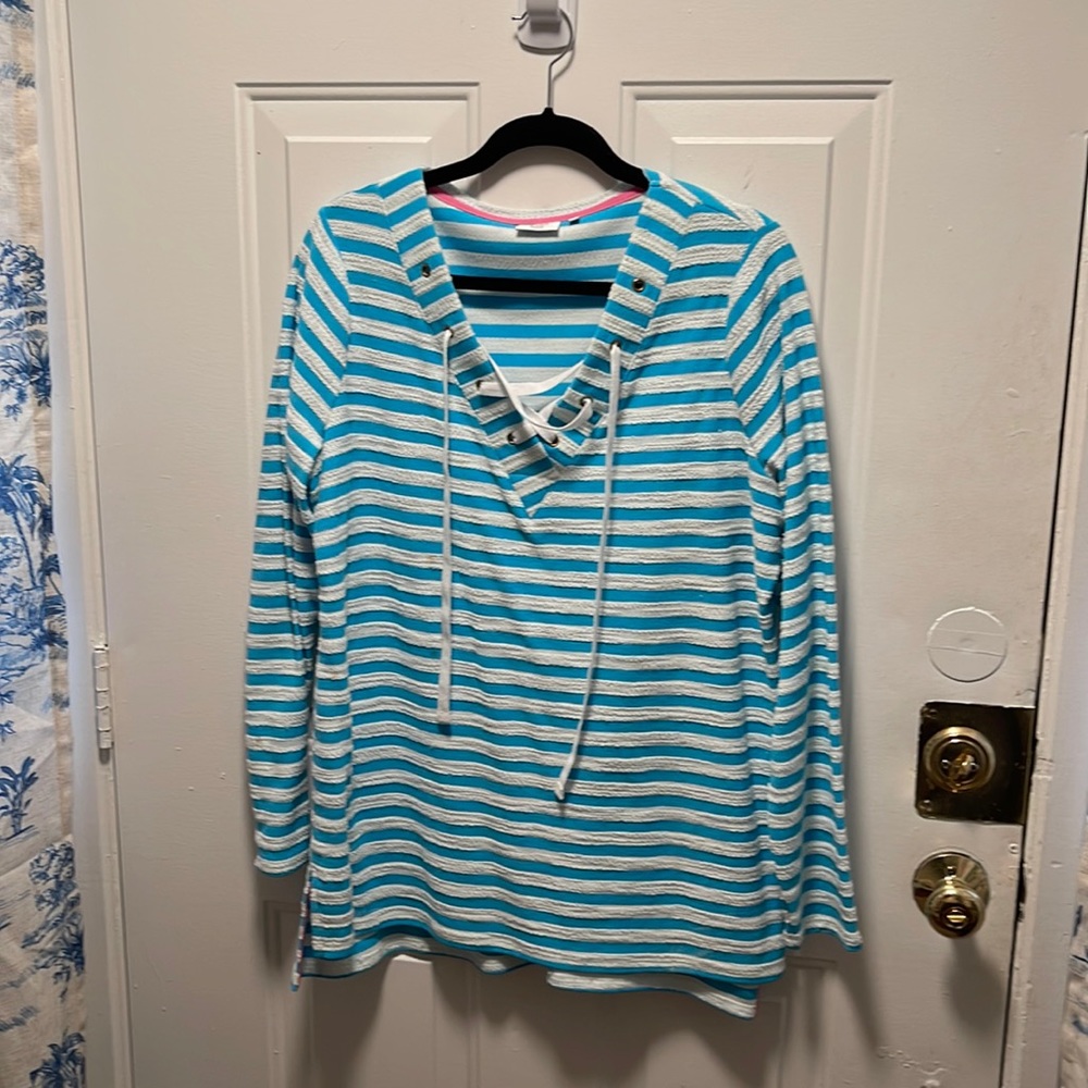 Crown  and Ivy Beach blue and white lace up light sweater